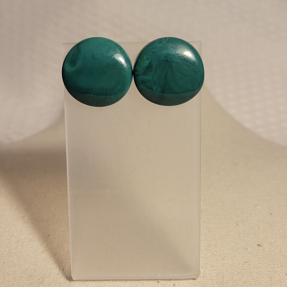 Jewelry - Vintage Acrylic Earrings Postbacks Green Marble Round Retro